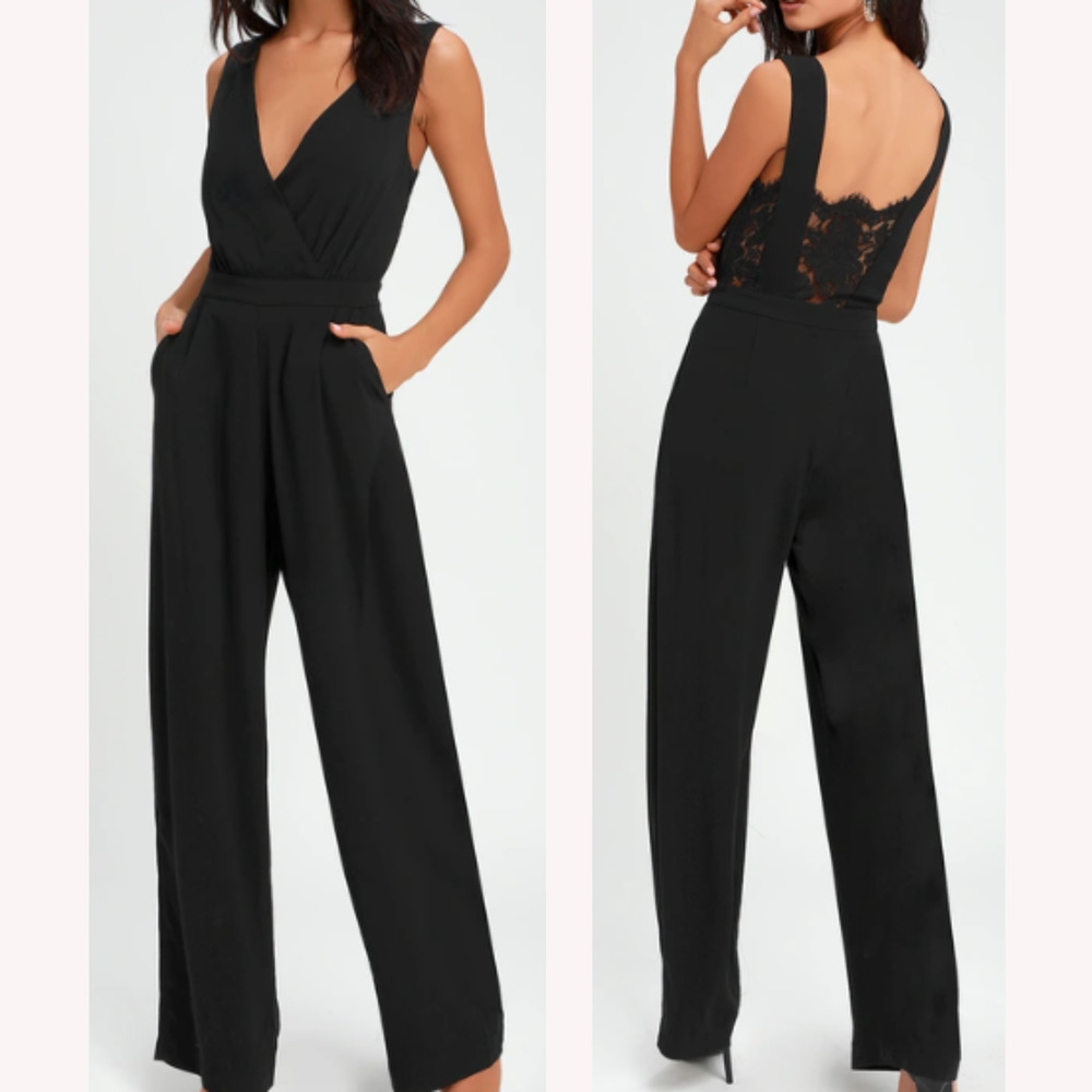 LULU'S SZ L Kiska Black Lace Wide-Leg Vneck Sleeveless Jumpsuit NEW B119